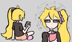 blonde_hair drool female_only femsub grey_background hypnotic_screen neru_akita open_mouth original phone ponytail simple_background sitting skecchyartist spiral spiral_eyes spiralwash_eyes very_long_hair vocaloid