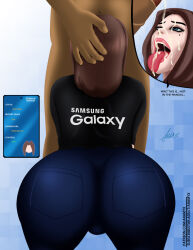 aramyx ass blue_eyes brown_hair clothed_sex cum cum_in_mouth cum_on_body cum_on_face erection fellatio femsub happy_trance jeans maledom open_mouth penis phone sam_(samsung) samsung short_hair squatting tech_control text tongue tongue_out unaware