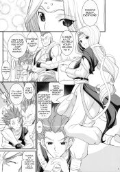  aware closed_eyes clothed dialogue dragon_quest_(series) dragon_quest_vi hard_translated hassan_(dragon_quest_vi) hero_(dragon_quest_vi) long_hair milly_(dragon_quest_vi) mohawk multiple_boys text translated youkai_tamanokoshi 