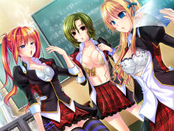  5_years_untranslated blackboard blonde_hair bra breasts empty_eyes female_only femsub green_hair large_breasts long_hair manip open_mouth original red_hair school_uniform short_hair text thighhighs tiechonortheal_(manipper) translation_request twintails underwear undressing 