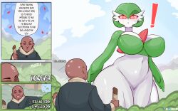  absurdres aware bald breasts clothed dialogue drevod english_text femdom gardevoir glowing_eyes large_breasts malesub midriff navel nintendo pokemon pokemon_(creature) pokemon_legends_arceus psychic red_eyes signature size_difference speech_bubble staff sweat text 