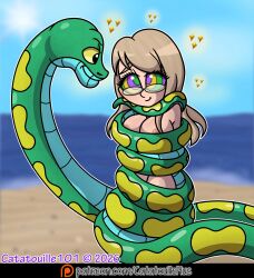  beach blush brown_hair catatouille101 cheek_squish coils eyeshadow femsub glasses happy_trance kaa_eyes large_breasts long_hair nipples nude original smile smirk snake sparkle yellow_eyes 