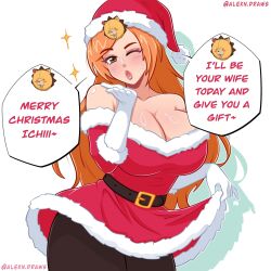alexndraws bare_shoulders bleach blush breasts brown_eyes christmas dialogue english_text femsub gloves hat kon large_breasts maledom one_eye_open orihime_inoue posing possession santa_costume santa_hat simple_background skirt_lift speech_bubble stuffed_animal sweat text white_background wink
