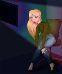 absurdres blonde_hair bored_as_anything comic dazed drool female_only femsub hypnotic_screen jeans kaa_eyes long_hair office office_lady open_mouth original solo sweater text