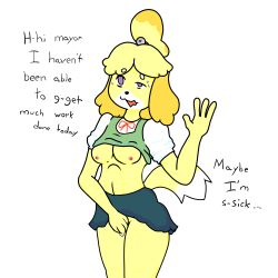 absurdres animal_crossing blonde_hair breasts crikey dog_girl female_only femsub furry isabelle_(animal_crossing) large_breasts masturbation nintendo open_mouth original short_hair solo text unaware