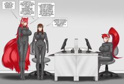absurdres anno_(anno) antenna blue_eyes bluebullpen bodysuit brown_eyes brown_hair drone empty_eyes expressionless female_only femsub fox_girl headphones high_heels hypnotic_accessory kitsune_girl latex nina_(ninapowa) original red_eyes red_hair standing standing_at_attention star_cadet_luna_(foolycooly) tech_control text