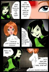 ann_possible black_hair blue_eyes bodysuit comic dialogue disney doctor expressionless female_only femdom femsub green_eyes green_hair hypnotic_accessory kim_possible_(series) microchip milf red_hair rope shadako26 shego short_hair standing standing_at_attention tech_control text western