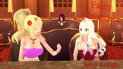 aware black_eyes black_hair blonde_hair blue_eyes blush closed_eyes clothed cover cyanstargazer english_text fairy_tail female_only hair_covering_one_eye jenny_realight long_hair mirajane_strauss multicolored_eyes multiple_girls purple_eyes text white_hair