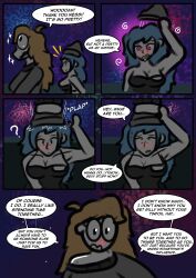  blue_hair brain_dead_retail_(series) chloe_(kilroylucy18) chubby comic failed_hypnosis hypnotic_object kilroylucy18 long_hair naked_apron nessi_(kilroylucy18) original outdoors red_hair self_hypnosis text wholesome yuri 