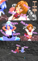 3d absurdres armor arms_behind_back balls bare_shoulders blue_eyes blue_hair blush brown_hair censored clothed crossed_eyes custom_maid_3d_2 dialogue dress english_text fellatio femsub gauntlets glory_hole gloves heart_eyes heterochromia humor hypnotic_penis kneeling midriff multiple_girls multiple_subs mushroom navel open_mouth oral penis phantom_penis red_eyes ribbon sequence shoes skirt staff surprised sword symbol_in_eyes tears text thighhighs weapon witch_hat yaaya_aya