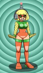 absurdres antenna arms blonde_hair breasts erect_nipples female_only fembot femsub green_eyes happy_trance headphones high_heels hypnotic_accessory large_breasts latex mask min_min nintendo robotization short_hair smile solo spiral_eyes supertechno324 symbol_in_eyes tech_control thighhighs