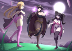 black_hair blonde_hair blue_eyes cape caramel-sheep dazed femdom femsub fire_emblem fire_emblem_awakening glowing happy_trance hunie_pop hypnotic_hands large_breasts leggings lillian_aurawell magic multiple_subs night nintendo outdoors pale_skin panties piercing purple_eyes spiral_eyes tattoo tharja tiffany_maye twintails