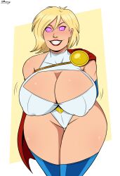  blonde_hair breasts cape cleavage dc_comics femsub large_breasts leotard pink_hair polmanning power_girl red_lipstick short_hair signature smile spiral_eyes spiralwash_eyes super_hero 