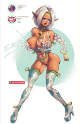 abs aisha_clanclan alien braid breasts breasts_outside collar cowbell dark_skin elf_ears eye_roll femsub harness high_heels huge_breasts lactation long_hair milk muscle_girl open_clothes open_mouth outlaw_star supersatanson text thighhighs tongue tongue_out white_hair
