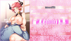  absurdres breasts caption caption_only cum cum_on_clothes demon_girl eno_yukimi femdom granblue_fantasy head_in_breasts horns huge_breasts hypnotic_breasts manip monster_girl orange_eyes orgasm_command red_hair sleep_command sturm_(granblue_fantasy) succubus text topless ympulse_(manipper) 
