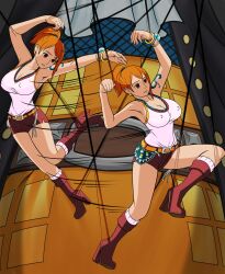 absurdres boogars breasts cleavage clone earrings empty_eyes erect_nipples expressionless femsub gekko_moriah human_puppet jewelry large_breasts maledom nami_(one_piece) one_piece orange_hair ponytail puppet short_hair tattoo