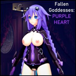  3d blue_eyes blush censored cover cuffs dead_source dollhouse empty_eyes expressionless female_only femsub gloves hyperdimension_neptunia koikatsu! large_breasts leotard nipples opera_gloves purple_hair purple_heart pussy solo standing standing_at_attention text topless torn_clothes twin_braids 
