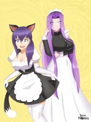 absurdres apron breasts cat_ears cleavage fake_animal_ears fake_tail fate/stay_night fate_(series) female_only femsub happy_trance large_breasts long_hair maid maid_headdress medusa_(fate) medusa_(rider)_(fate) pink_eyes purple_eyes purple_hair sakura_matou side_ponytail signature simple_background spiral_eyes syas-nomis symbol_in_eyes thighhighs yellow_background