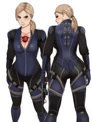  angry ass blonde_hair blue_eyes bodysuit capcom cleavage collarbone female_only femsub gloves harness jill_valentine looking_at_viewer looking_back milessart multiple_views p30 ponytail resident_evil resident_evil_5 simple_background solo standing tech_control veins weapon white_background zipper 