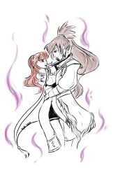 anankos_(fire_emblem) angela_de_vito aura bare_shoulders black_lipstick brown_hair celica_(fire_emblem) corruption duma_(fire_emblem) evil_smile femsub fingerless_gloves fire_emblem fire_emblem_echoes fire_emblem_fates fire_emblem_gaiden fire_emblem_heroes gloves glowing_eyes happy_trance hug lipstick long_hair makeup maledom malesub nintendo orange_hair ponytail possession red_eyes smile sub_on_sub takumi_(fire_emblem)