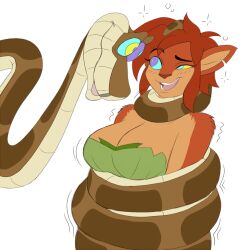  blush bondage breasts cleavage coils disney elora faun femsub furry happy_trance hypnotic_eyes kaa kaa_eyes large_breasts open_mouth plsgts red_hair short_hair simple_background smile snake spyro_the_dragon_(series) the_jungle_book trembling white_background 