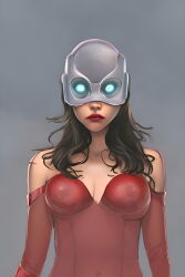  ai_art arm_warmers bare_shoulders brown_hair cleavage collarbone expressionless femsub fortunadoe_(generator) glowing_eyes grey_background helmet large_breasts lipstick long_hair marvel_comics red_lipstick simple_background standing standing_at_attention super_hero tech_control wanda_maximoff 