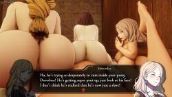 bent_over dochaunt dorothea_arnault fire_emblem fire_emblem_three_houses ingrid_brandl_galatea mercedes_von_martritz multiple_girls nintendo reverse_cowgirl text