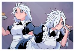 bow cleaning disguised_hypnotist dissy_(disguised_hypnotist) femsub happy_trance leaning_forward long_hair maid maid_headdress original short_hair smile spiral_eyes tagme tray white_hair 