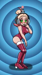  antenna blush fembot green_eyes happy_trance headphones high_heels latex leotard lip_biting multicolored_hair nintendo pokemon pokemon_legends_z-a robotization short_hair spiral_background spiral_eyes spiralwash_eyes supertechno324 swimsuit taunie_(pokemon) tech_control thigh_boots tied_hair 