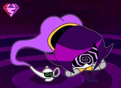  femsub genie goth green_eyes hypnoscream inanimate_object jack-o_pose large_ass malesub murder_drones purple_background purple_eyes purple_hair ring_background robot_girl shiny_hair short_hair simple_background spiral_eyes spiralwash_eyes story thad_(murder_drones) uzi_doorman watermark 