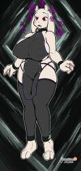  absurdres arashidrgn barefoot bracelet breasts clothed collar deltarune drool erect_nipples_under_clothes feet female_only femsub furry goat_girl horns huge_breasts non-human_feet open_mouth red_eyes ring_eyes signature simple_background solo spiral thighhighs toriel_dreemurr undertale white_skin 