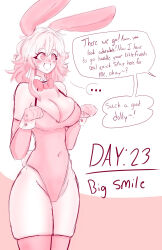 a_singular_fish blush bow_tie bunny_ears bunny_girl bunnysuit cleavage cuffs dollification eyebrows_visible_through_hair female_only femsub happy_trance honkai_star_rail hypnovember large_breasts leotard long_hair march_7th_(honkai_star_rail) opera_gloves pink_eyes simple_background smile solo text thick_thighs thighhighs thighs tight_clothing white_background wide_hips