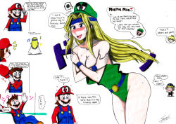absurdres arm_bands bare_legs belt black_hair blonde_hair blue_eyes blush breasts breasts_outside brown_hair cape cappy celes_chere cleavage clothed crossover crown english_text femsub final_fantasy final_fantasy_vi happy_trance hat headband heart jewelry leotard locke_cole long_hair luigi maledom mario mustache nintendo open_clothes open_mouth pink_eyes possession princess princess_peach red_eyes sendy1992 short_hair smile square_enix standing super_mario_bros. super_mario_odyssey sweat text thighs thought_bubble tiara_(super_mario_odyssey) tongue watermark