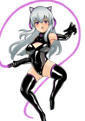  blush boots cameltoe cleavage collar fake_animal_ears female_only femsub gloves glowing grey_hair hasumi high_heels kitassie latex leotard mission_mermaiden navel open_mouth opera_gloves purple_hair rubber simple_background solo sweat thigh_boots thighhighs tongue unhappy_trance weapon white_background 