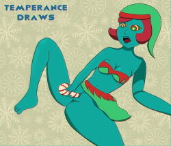 absurdres candy candy_cane christmas clothed dildo elf elf_ears female_only femsub green_skin hat improvised_dildo masturbation open_mouth pussy red_hair ring_eyes santa_inc. sex_toy short_hair solo temperancedraws