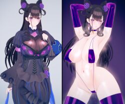  3d arms_above_head bangs before_and_after bell_collar bikini black_hair blush boots breasts breath choker cleavage clothed clothed_exposure collar collarbone condom cum dress earrings empty_eyes erect_nipples_under_clothes eyebrows_visible_through_hair fate/grand_order fate_(series) female_only femsub gloves hair_ornament heart_eyes hentai_man huge_breasts latex long_hair murasaki_shikibu nail_polish navel open_mouth opera_gloves posing pubic_hair purple_eyes pussy_juice simple_background sling_bikini standing symbol_in_eyes thighhighs used_condom 