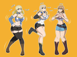  arm_warmers bare_legs bare_shoulders belt blonde_hair boots brown_eyes brown_hair chicken_pose cleavage crop_top dlobo777 edens_zero elie_(rave_master) empty_eyes fairy_tail female_only femsub green_eyes large_breasts long_hair lucy_heartfilia midriff multiple_girls multiple_subs navel open_mouth pet_play posing rave_master rebecca_bluegarden short_hair simple_background skirt standing tank_top unfocused_eyes 