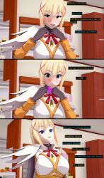  3d absurdres armor blonde_hair blue_eyes blush choker collar control_collar cyanstargazer darkness_(konosuba) dialogue empty_eyes english_text expressionless eyebrows_visible_through_hair female_only femsub gloves glowing hair_ornament hypnotic_accessory kono_subarashii_sekai_ni_shukufuku_wo! large_breasts maledom shoulder_pads smile text 