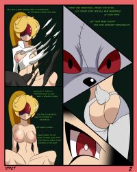 blonde_hair comic drool empty_eyes expressionless female_only femsub five_nights_at_freddy's five_nights_at_freddy's:_security_breach idpet ponytail split_personality spread_legs tech_control text trigger vanessa_(five_nights_at_freddy's) vanny visor