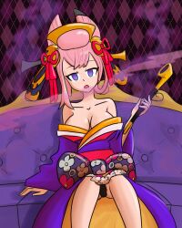 cleavage female_only femsub fox_girl hypnotic_gas kimono kitsune_girl mythkaz panties pink_hair purple_eyes tagme world_flipper