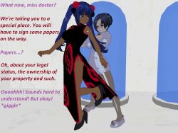 3d bimbofication black_hair blue_eyes blue_hair china_dress dark_skin earrings flamekin glasses hair_buns hair_ornament high_heels nurse pantyhose text twintails