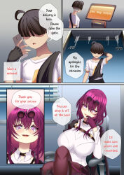  absurdres ahoge blush breasts brown_hair clothed comic dialogue english_text femsub fingerless_gloves glasses gloves gradient_background hair_covering_both_eyes honkai_star_rail kafka_(honkai_star_rail) large_breasts maledom newgirugamon purple_eyes purple_hair smile smug speech_bubble sunglasses text 