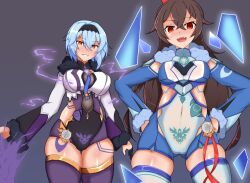  ainagi amber_(genshin_impact) animal_ears blue_hair bodysuit breasts brown_hair corruption crotch_tattoo electricity empty_eyes enemy_conversion eula_lawrence evil_smile fatui_cryo_cicin_mage fatui_electro_cicin_mage genshin_impact headband long_hair navel open_mouth orange_eyes red_eyes short_hair smile tattoo thighhighs 