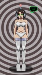 absurdres antenna breasts brown_hair fembot femsub happy_trance headphones hypnotic_accessory large_breasts latex original robotization short_hair smile spiral_eyes standing standing_at_attention supertechno324 symbol_in_eyes tech_control text thighhighs trishbot_(character) western