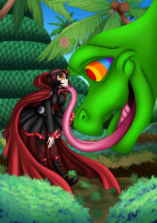  boots chin_hold coilsandroses dragon femsub happy_trance hood hypnotic_eyes kaa_eyes leaning_forward long_tongue open_mouth ruby_rose rwby size_difference skirt smile tongue tongue_out 