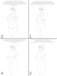 absurdres bottomless breasts comic empty_eyes erect_nipples expressionless femsub greyscale happy_trance heart heart_eyes lineart me4x mind_break monochrome navel_piercing nipple_piercing nude office_lady original piercing ponytail spiral_eyes symbol_in_eyes text topless underwear