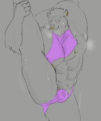 abs armpits bare_legs bulge cat_boy crossdressing drool earrings fong furry greyscale happy_trance jewelry kaa_eyes male_only malesub midriff monochrome muscle_boy nipple_piercing nose_ring open_mouth original panther_boy piercing precum solo standing_split sweat thong tongue tongue_out yoga