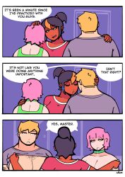  bangs bare_shoulders bisexual black_eyes black_hair blonde_hair border cdlum chest_hair choker collarbone comic damson_(cdlum) drool expressionless eye_roll eyebrows_visible_through_hair eyeshadow femdom femsub large_breasts malesub maple_(cdlum) multicolored_hair no_bra open_mouth orange_hair original pear_(cdlum) pink_hair ponytail shirt shirt_lift short_hair smile tan_skin tank_top text undressing 