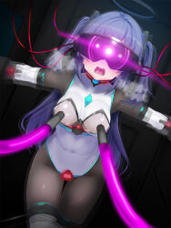  bantosuzune blue_archive blue_eyes blue_hair blush bodysuit boots breast_sucking breath cables collar corruption drool female_only femsub gloves glowing halo leotard long_hair milking_machine nipples open_mouth restrained sex_machine solo sweat tech_control thigh_boots thighhighs twintails vaginal wires yuuka_(blue_archive) 