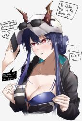 absurdres altered_common_sense arknights bikini_top blue_hair blush breasts cell_phone ch&#039;en_(arknights) cleavage dialogue drool english_text eroborne femsub glasses hat heart_eyes horns hypnotic_screen indifferent instant_loss large_breasts phone red_eyes simple_background sunglasses swimsuit symbol_in_eyes text unaware undressing white_background 